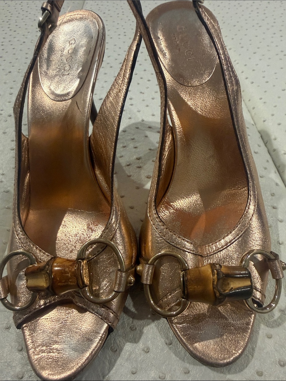 Gucci Metallic Rose Gold Open-Toe Slingback Heels with Bamboo Horsebit